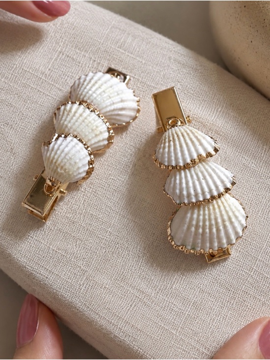 Handmade Accessories - Handmade Coastal Seashell Hair Clip – Natural Shells & Gold Finish